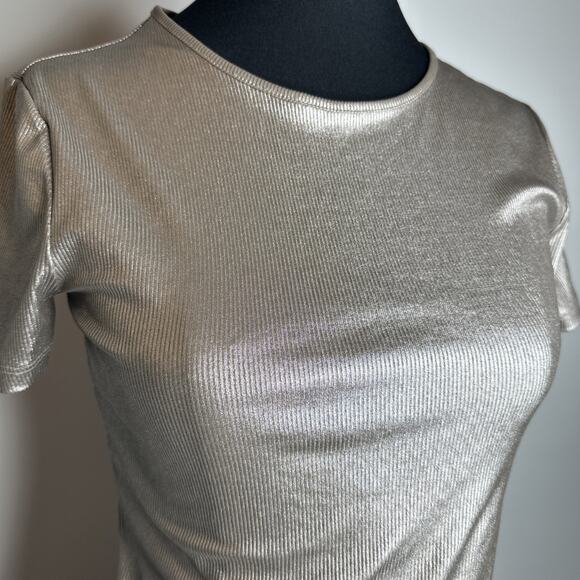 Nine West Metallic Ribbed Stretch T-Shirt XS Silver Brown Cybercore Y2K Top - Picture 6 of 10